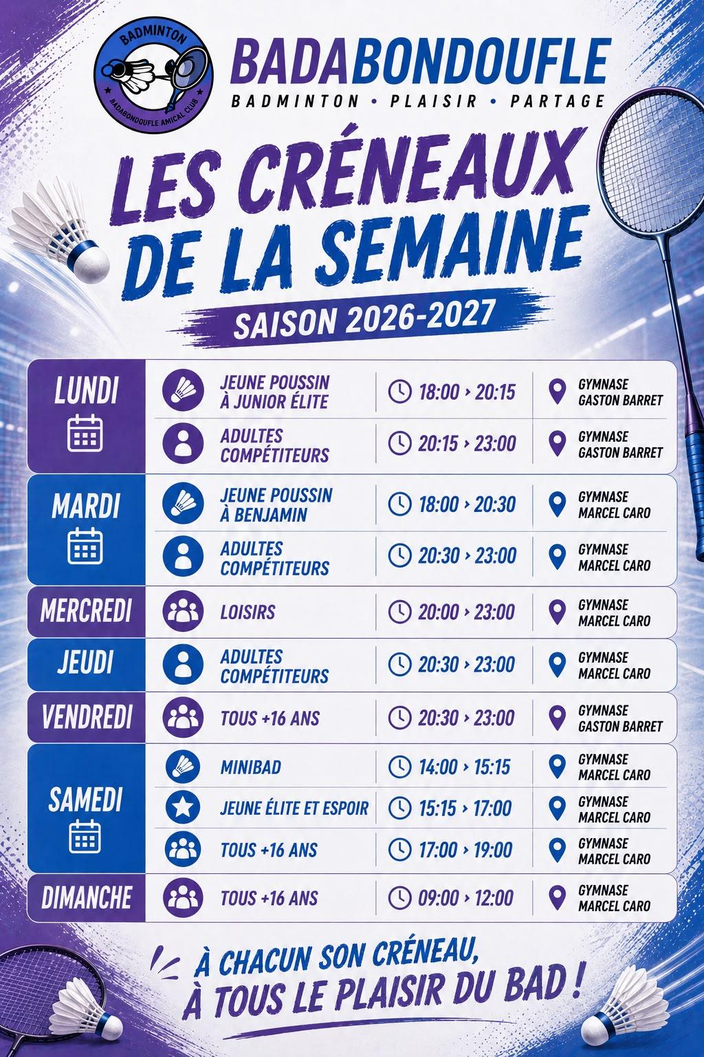 Créneaux 2026/2027